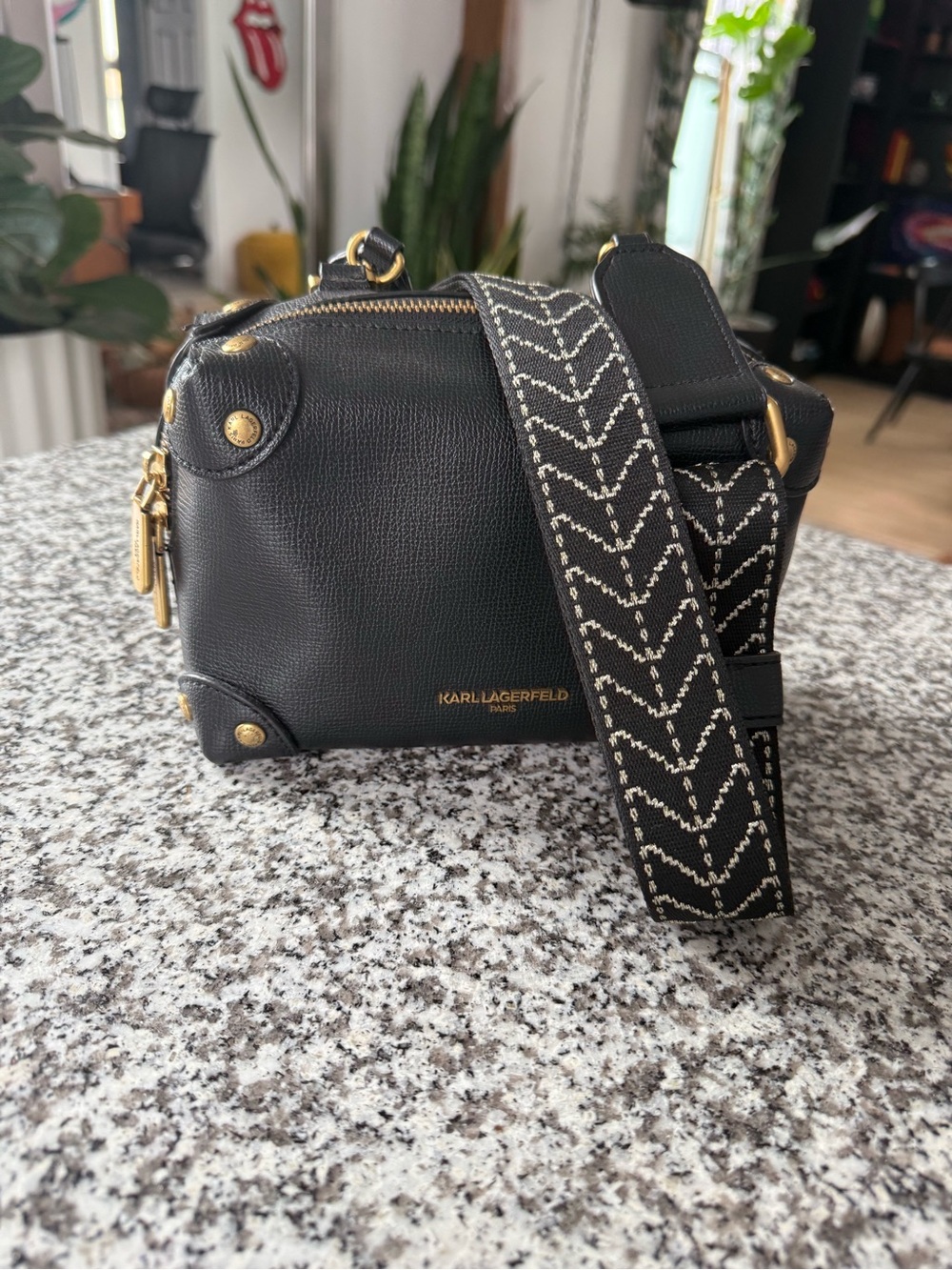 Karl Lagerfeld Black Textured Leather Crossbody Camera Bag with Gold Hardware - Picture 3 of 4